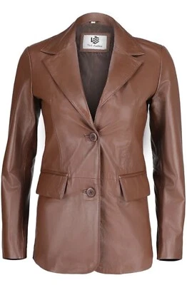 Women’s XL Brown Genuine Soft Leather Casual Blazer 2-Button Real Lambskin - Image 1 of 3