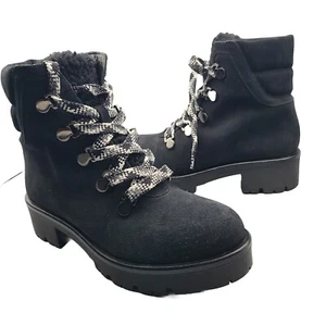 AQUATALIA Women Boots Juliet Black Suede Block Heel Combat Laces shearling Sz 8 - Picture 1 of 11