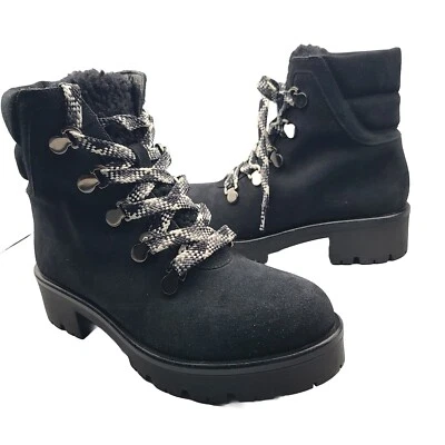 AQUATALIA Women Boots Juliet Black Suede Block Heel Combat Laces  shearling Sz 8 - Image 1 of 4