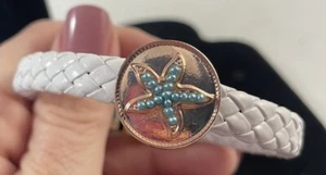 White Leather Braided Cord Snap Bracelet With Turquoise Starfish Charm - Picture 1 of 3