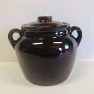 Vintage Brown Glaze Stoneware Crock Bean Pot Handles Lid Pottery Farmhouse USA - Picture 1 of 11