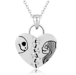 "Collar colgante Jack Skellington y Sally gótico pareja bloqueo corazón plata 18""" - Imagen 1 de 4