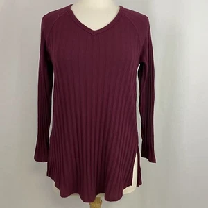 Top de mujer Planet Gold M mediano rojo borgoña acanalada tejido cuello en V mangas largas - Imagen 1 de 11