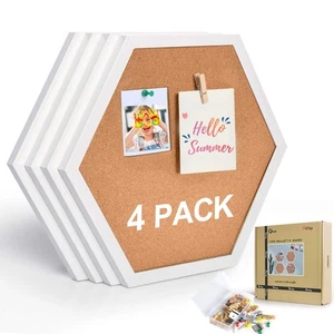 4 Pack White Framed Hexagon Cork Board Tiles, 16 Push Pin Wood Clips, Decor - Picture 1 of 9