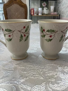 Lenox Holiday Dimension Collection Embossed Footed Mugs Set of 2. Gold Rim. New - Picture 1 of 4