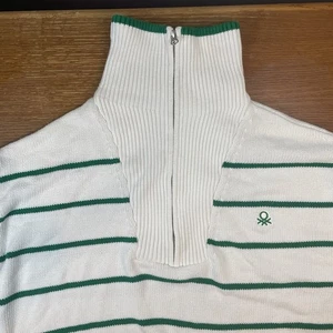 United Colors Of Benetton Mens Sweater XL Turtleneck 1/2 Zip White Green Stripes - Picture 1 of 13