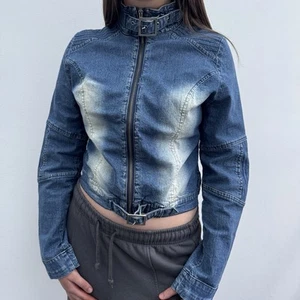 Vintage Y2K moto style denim jacket full zip Faded Denim Buckle Details - Picture 1 of 5