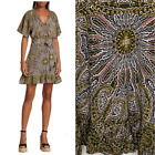 Nwt Figue Cleo Silk Ruffle Neck Belted Dress In Medallion Multi Spruce Xs