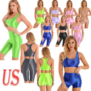 Womens Workout Set Glossy Gym Crop Top with Shorts Outfit Swimsuit Tracksuit - Picture 1 of 174