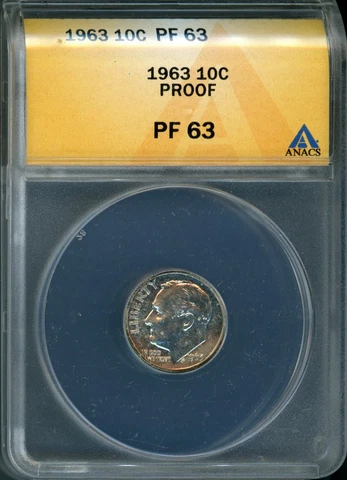 1963 10c Silver Roosevelt Head PF 63 ANACS # 4152791 + Bonus Cover