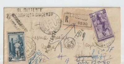 ITALIA 1955 15L+50L TRABAJO EN CUBIERTA REGISTRADA DE GELA X CATANIA VOLVER AL REMITENTE Foto 1 de 2