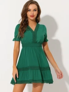 Allegra K Green Boho Puff Sleeve V Neck Smocked Waist Ruffled Tiered Dress S NWT - Picture 1 of 11