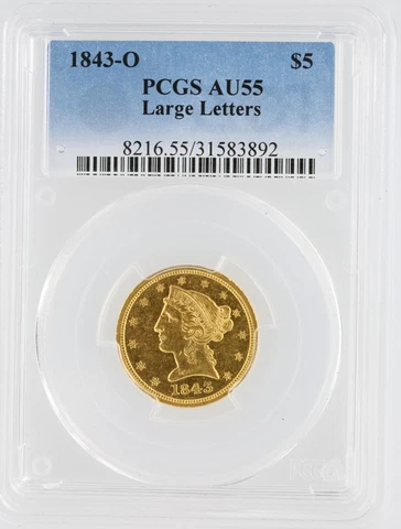 1843-0 PCGS AU55 $5 New Orleans Minted Gold Coin Cover