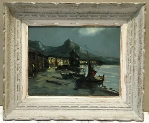 Huile sur Panneau Paysage Marin Bateaux au Port Montagne Signée - Foto 1 di 8