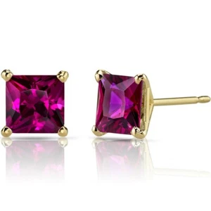 2.91 ct Princess Cut Red Lab-Created Ruby Stud Earrings in 14K Yellow Gold - Picture 1 of 3
