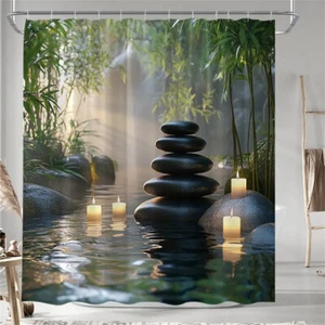 Zen Stone Bamboo Candle Multi Size Fabric Waterproof Shower Curtain - Picture 1 of 17