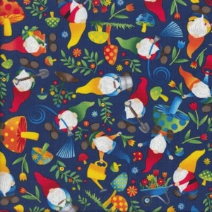 NEW Gnome Worry Be Happy Gardening Gnomes on Navy Quilting Fabric 1/2 Metre - Picture 1 of 1