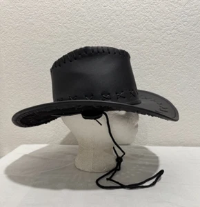 Pleather Vegan Black Cowboy Western Hat Whip Stitch Chin Strap Medium 22" - Picture 1 of 6