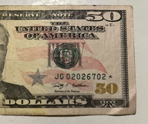 $50 dollar bill *STAR NOTE* Series 2009 Fancy Low S# JG 02026702 * - Picture 1 of 3