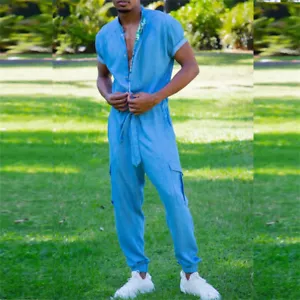 Mens Casual Romper Short Sleeve T-shirt Playsuit Jumpsuit Summer Long Pants - Picture 1 of 5