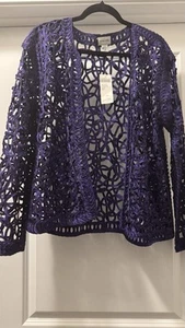 NWT Chico's Purple Open Front Sheer Cardigan Ribbon Crochet Floral Sz 2 - Picture 1 of 7