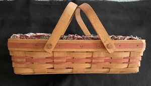 Vintage Longaberger Basket With Double Handle W/ Fabric And Plastic Liner Signed - Picture 1 of 7