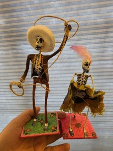 Mexican Folk Art Cowboy And Can-Can Dancer Skeletons Figure - Picture 1 of 4