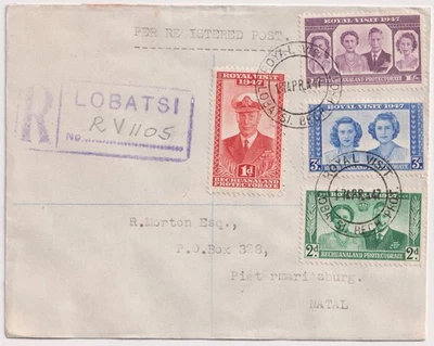 1947 Bechuanaland Royal Visit Registered Cover Lobatsi To Natal Full Set FDC - Image 1 of 2