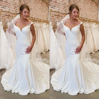 Sexy Mermaid Wedding Dresses Off The Shoulder Satin Sweep Train Bridal Gowns - Image 1 of 4