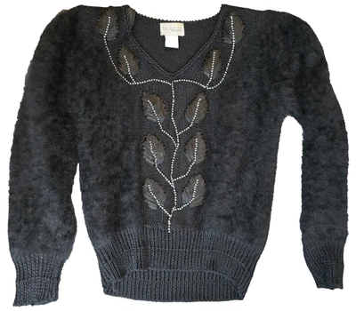 Suéter Nordstrom Angora Blend Vintage Anos 80/90 Preto Folha Frisada Glam Dynasty Pequeno - Imagem 1 de 4
