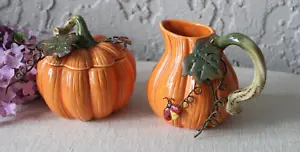 Pumpkin Sugar Bowl and Creamer Set Fall Autumn Leaves Ladybug READ - Picture 1 of 12