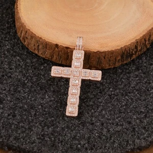 1.29 Ct Lab Grown CVD Baguette Round Diamond Holy Cross Pendant 14k Rose Gold - Picture 1 of 9