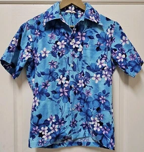 Vintage Aloha Shirt Mens Small Barkcloth Blue Floral Made In Hawaii - Picture 1 of 8