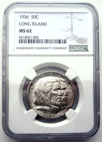 1936 Long Island Silver Commemorative Half Dollar 50C ~ NGC Verified MS62 Cover
