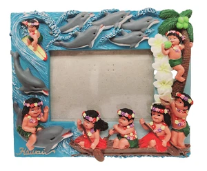 Hawaii Picture Frame with Dolphins, Surfer, Canoers, Coconut Tree and Flowers - Picture 1 of 15