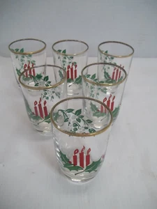 HTF Lot of 6 Vintage Gold Trimmed Holly with Candles & Mistletoe Juice Glasses - Picture 1 of 11