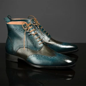 Paul Parkman Wingtip Ankle Boots Dual Tone Green & Blue (ID#PT777GRN) - Picture 1 of 6
