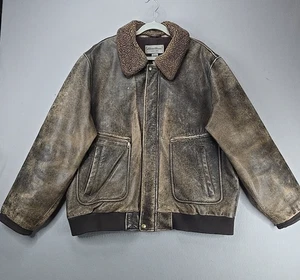 Eddie Bauer Sherpa Detachable Sherpa Collar Distressed Leather Jacket Vintage XL - Picture 1 of 20