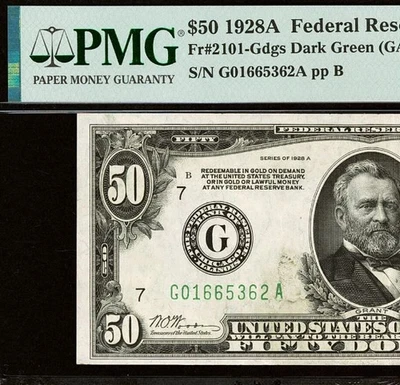 1928A $50 Federal Reserve Note PMG 55 - Redeemable in Gold - Fr 2101-G - Image 1 of 3