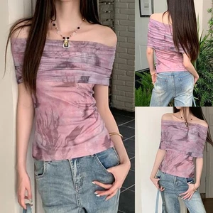 Off Shoulder Tiedye Mesh Short Sleeve TShirt Women Casual Summer Style - Picture 1 of 48