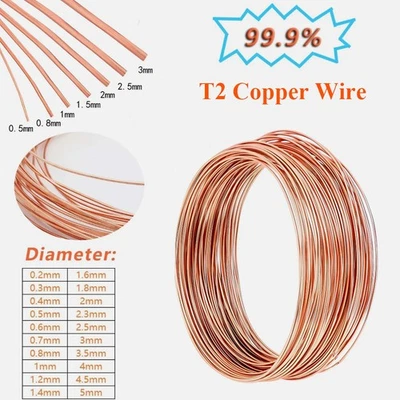 Round Copper Wire Solid Bare T2 Bright Red Copper Line Dia 0.2-5mm 1-10m Length - image 1 of 4