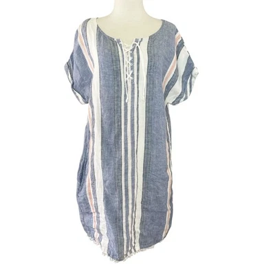 Caslon 100% Linen Dress Women's S Dolman Sleeve Striped White Pink Blue Summer - image 1 of 4