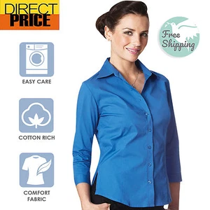 Ladies Shirt Blouse 3/4 Short Sleeve Stretch Fitted Business Office Wear-Blue - Picture 1 of 5