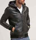 Genuine Men's Black Biker New Style Retro Real Leather Jacket Removable Hood