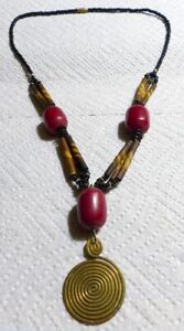 Striped Bead Concentric Pendant Necklace Vintage African Red Amber Black Seed