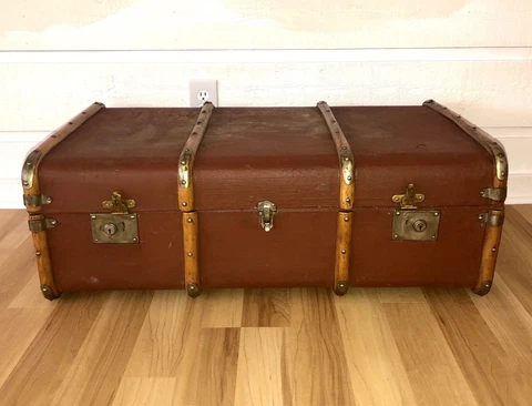Antique Canvas Wood & Brass Hard-Sided Steampunk Travel Trunk Vintage 1900 Large Cover
