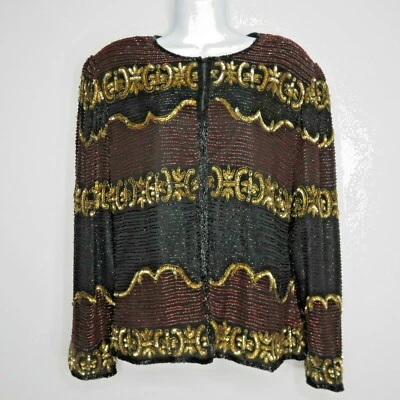 Chaqueta Blazer Lawrence Kazar Vintage Con Cuentas Lentejuelas Negro Dorado Rojo Seda Talla M Foto 1 de 4