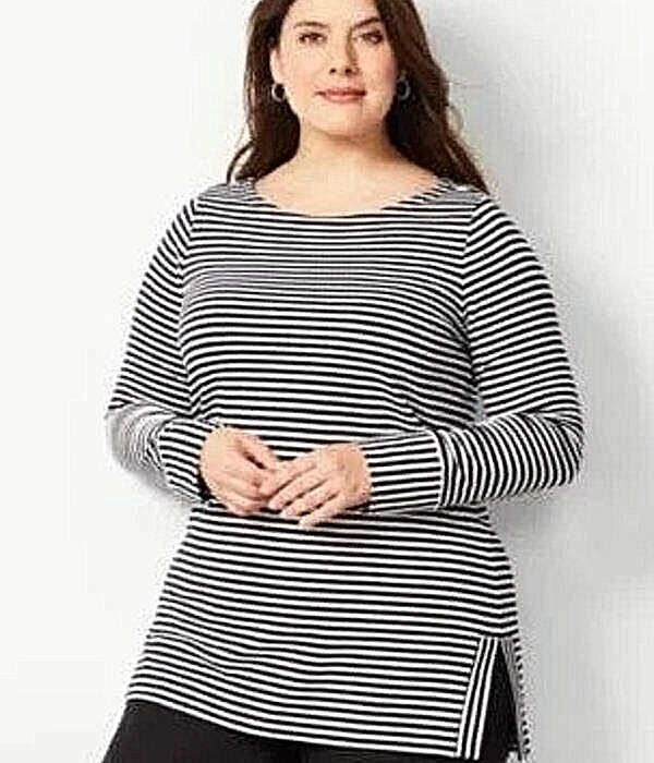 TALBOTS Knit Top Striped L/S Ivory Black GRAY PLUS SZ 2X Nautical Coastal