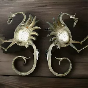 TWO Italian Antique Winged Chimera Dragon Iron sconces Alessandro Mazzucotelli - Picture 1 of 9
