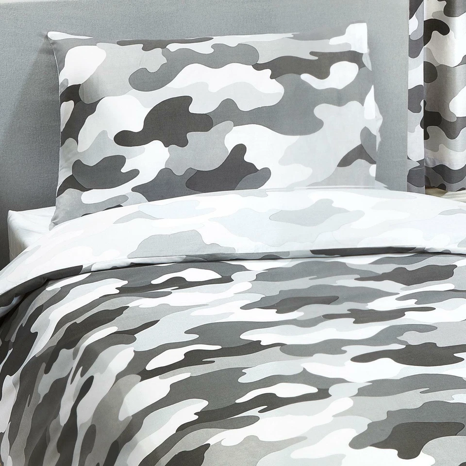 Grey Army Camouflage Single Duvet Cover Set Childrens 2 in 1 Camo